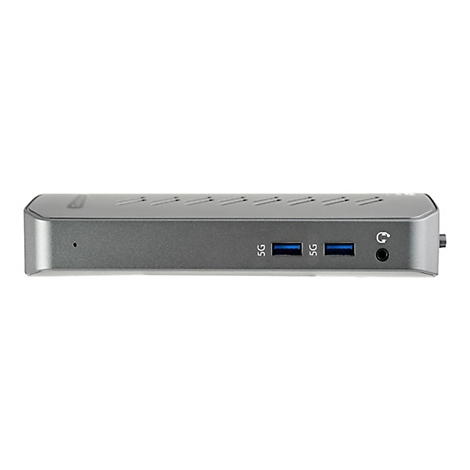 Grauer USB-C-Hub. AnschlÃ¼sse: 2x USB, Audioanschluss, LED-Anzeige, SG-Kennzeichnung.