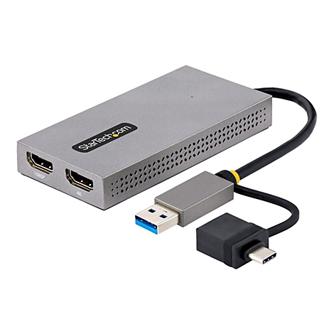 Ein silberfarbener HDMI-Adapter mit USB-C- und USB-Anschlüssen. Der Adapter hat das StarTech.com Logo. Zwei HDMI-Anschlüsse sind mit 1080P und 4K beschriftet.