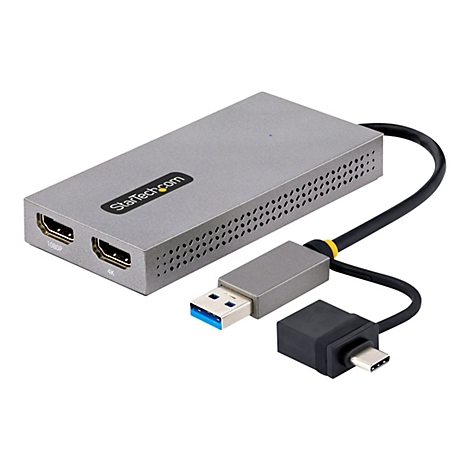 Grauer HDMI-Adapter mit USB- und USB-C-Anschluss. Auf dem Gehäuse befindet sich das StarTech.com Logo. Zwei HDMI-Anschlüsse sind beschriftet mit "1080P" und "4K".