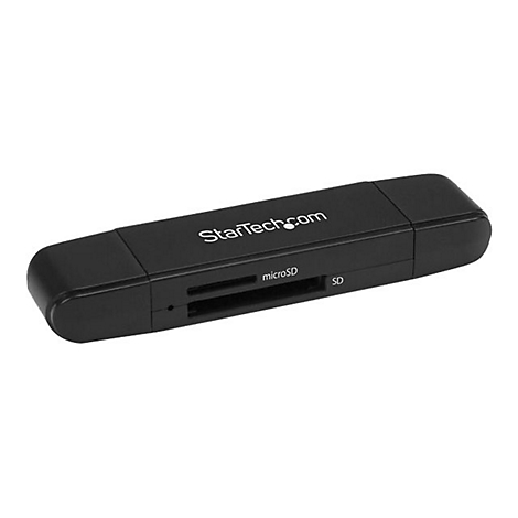 Schwarzer Kartenleser mit StarTech.com Logo. MicroSD und SD Kartenslots sind sichtbar.