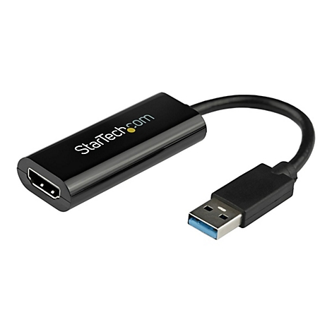 Schwarzer HDMI-auf-USB-Adapter mit dem StarTech.com-Logo. Ein USB-Stecker mit blauem Kern ist ebenfalls zu sehen.