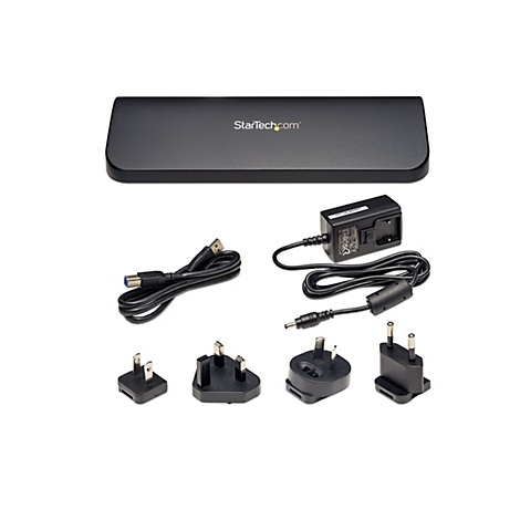 Schwarzes StarTech.com Dockingstation-Set mit Netzteilen und verschiedenen Steckern auf weißem Hintergrund.