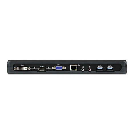 Schwarzer, rechteckiger Hub mit verschiedenen Anschlüssen, darunter DVI, HDMI, VGA und USB.
