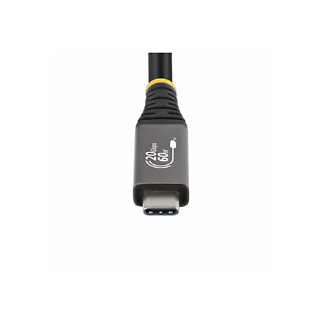 Gros plan d'un câble USB-C. Le connecteur noir affiche "20Gbps 60W", avec un accent jaune.