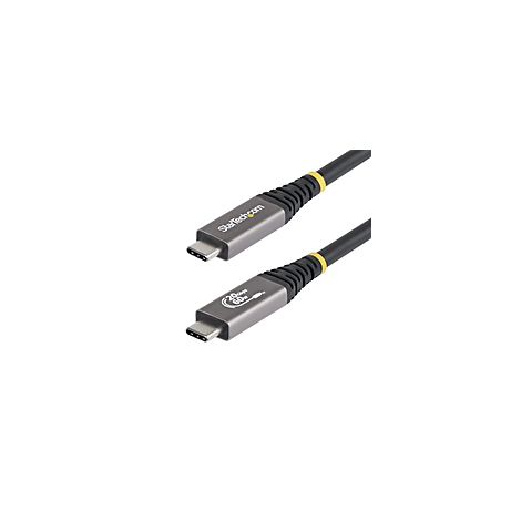 Un câble USB-C gris avec des câbles noirs et des accents jaunes. Les logos et le texte sont clairement visibles.