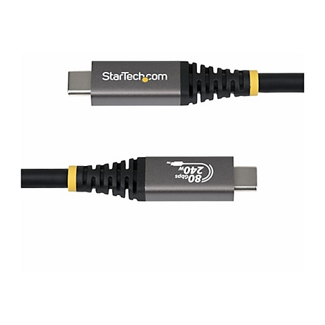 Deux câbles USB-C gris ; l'un avec logo, l'autre avec l'impression "80Gbps 240W".