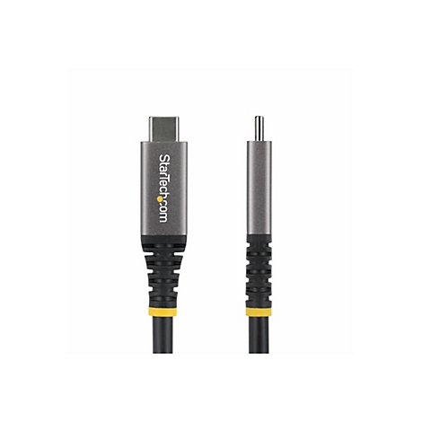 Un câble d'alimentation USB-C vers CC de StarTech.com. Le câble gris se termine par un connecteur USB-C et un connecteur. StarTech.com est imprimé en blanc sur le connecteur USB-C. Le câble est noir avec des accents jaunes.