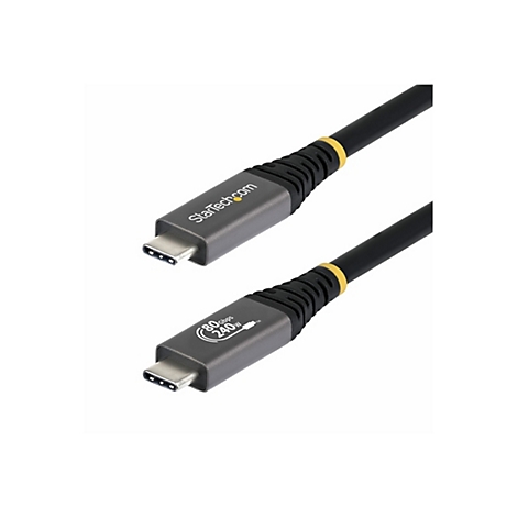 Câble USB-C. Fiches grises avec texte StarTech et 80 Gbit/s - 240 W. Câble noir avec des accents jaunes sur fond blanc.