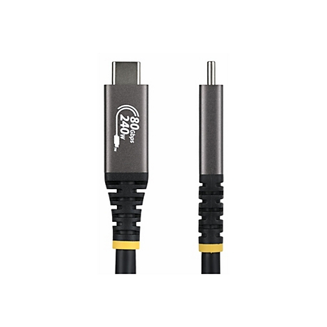 Câble USB-C, gris avec des touches de noir et de jaune, 80 Gpbs et 240W.