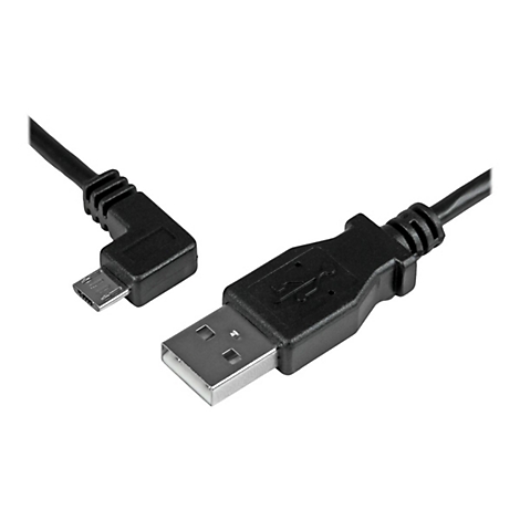 Câble USB noir avec connecteurs Micro-USB et USB-A. Le connecteur Micro-USB est incliné.
