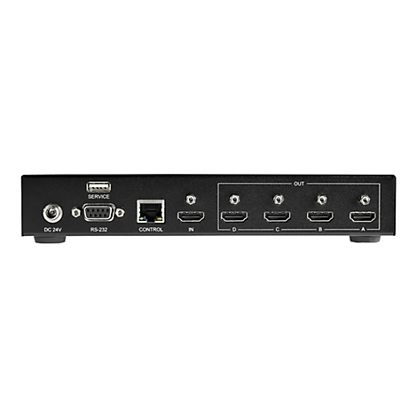 Schwarzes elektronisches Gerät mit Anschlüssen für HDMI, Strom und Steuerung.