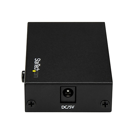 Adaptateur noir avec le logo Startech.com, port DC/5V. Deux vis et un connecteur d'alimentation sont sur l'adaptateur.