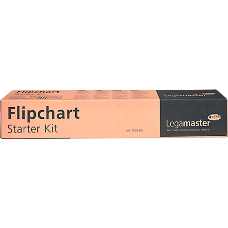 Een Flipchart Starter Kit. De verpakking is in twee delen verdeeld: lichtoranje en donkergrijs. De naam van de fabrikant 'Legamaster' staat erop gedrukt.