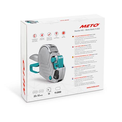Graue Preisauszeichner-Maschine mit türkisfarbenen Elementen, in einer weißen Verpackung. Aufdruck: Meto Starter Kit S 822.