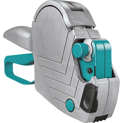 Een grijs prijskaartjesapparaat met teal accenten. De handgreep en een knop zijn teal.