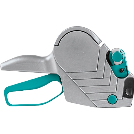 Een grijze en turquoise labelmaker. De handgreep en sommige accenten zijn turquoise.