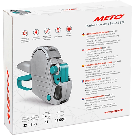 Een witte doos met een etiketteermachine. Op de doos staat "METO" en "Starter Kit - Meto Basic S 822".