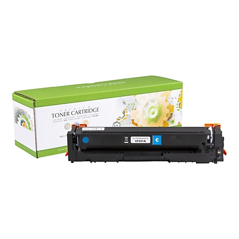 Eine schwarze Tonerkartusche mit tÃ¼rkisfarbenen Elementen liegt vor einer grÃ¼nen Box. Auf der Box steht TONER CARTRIDGE.