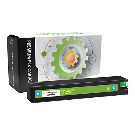 Schwarze Tintenpatrone neben der Produktverpackung. Auf der Verpackung ist ein grÃ¼nes Zahnrad abgebildet, daneben steht Premium Ink Cartridge.