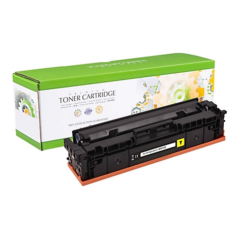 Eine schwarze Tonerkartusche neben einer grÃ¼nen Schachtel. Auf der Schachtel steht TONER CARTRIDGE.