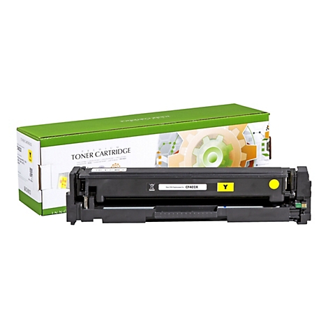 Eine gelbe Tonerkartusche liegt vor einer grÃ¼nen Schachtel. Auf der Schachtel steht Toner Cartridge.