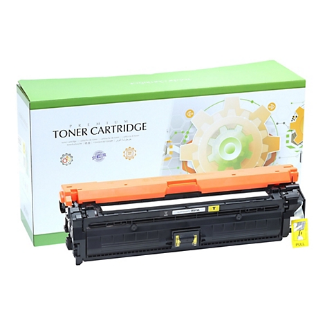 Tonerkartusche mit orangefarbenem Streifen, vor einer grÃ¼nen Schachtel, auf der Toner Cartridge steht.