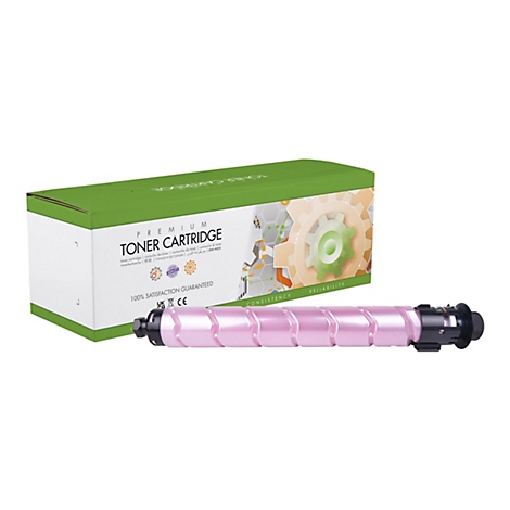 Ein rosa Tonerkartusche liegt vor einer grÃ¼nen Produktverpackung mit Aufschrift Toner Cartridge. Die Verpackung zeigt Produktmerkmale.