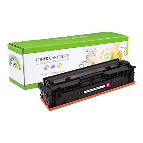Ein schwarzer Tonerkartusche mit pinkfarbener Beschriftung neben der grÃ¼nen Verpackung. Aufschrift: Premium Toner Cartridge.