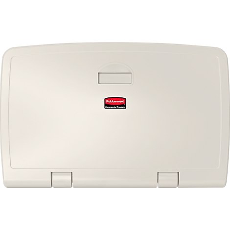 Table à langer beige clair, couvercle fermé. Logo rouge Rubbermaid.