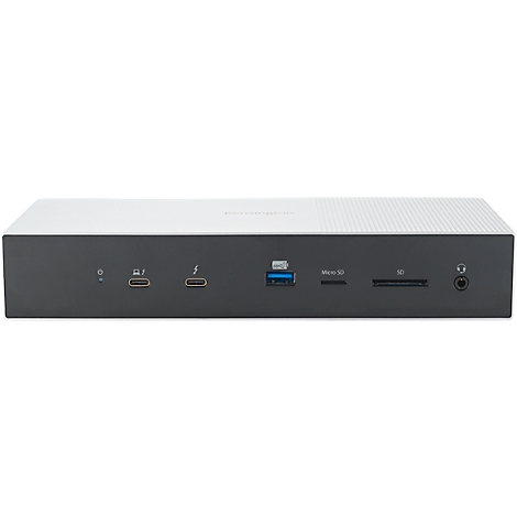 Station d'accueil noire avec ports. Dessus blanc, dessous gris foncé avec Thunderbolt, USB, lecteur de carte SD et prise casque.