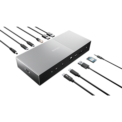 Station d'accueil grise avec différents câbles et ports, notamment USB, HDMI et Ethernet. Sur fond blanc.