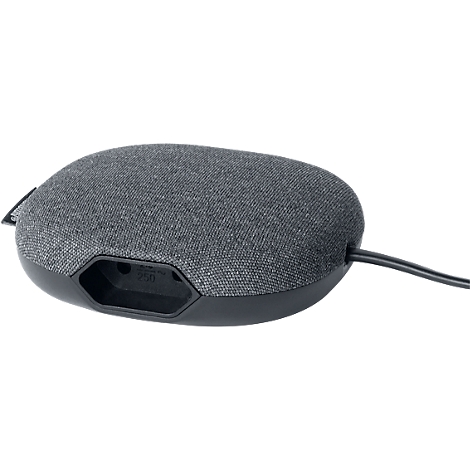 Haut-parleur ovale gris recouvert de tissu. Des connecteurs sont situés en dessous, avec un câble attaché.