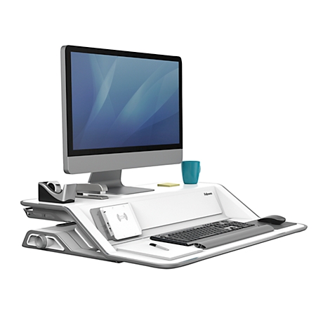 Station de travail assis-debout Lotus™ en acier avec revêtement Microban, blanc