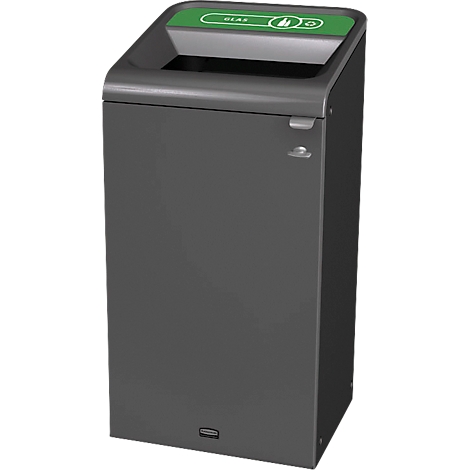 Poubelle grise avec couvercle vert pour le verre. On peut lire 'verre'.