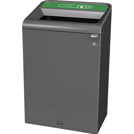 Poubelle grise avec couvercle vert avec "verre" et icônes pour les déchets.