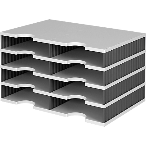 Unité de stockage empilée avec découpes. Plaques supérieures grises, parois intérieures noires.