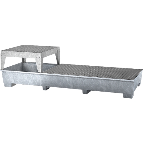 Bac métallique avec plate-forme surélevée, surface nervurée, rectangulaire, gris.