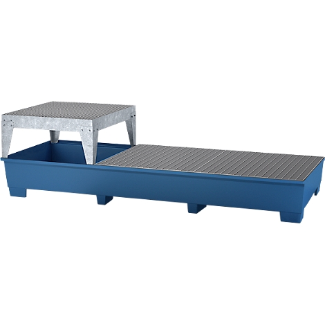 Bac de rétention bleu-gris avec une plateforme métallique surélevée. Au-dessus, une plateforme plus petite.