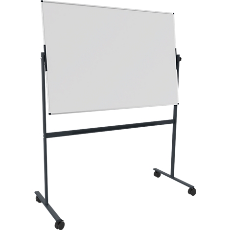 Ein weißes Whiteboard auf einem dunklen Metallgestell mit Rollen.