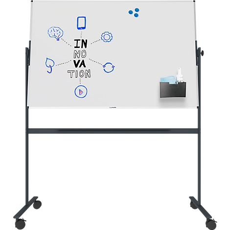 Weißes, rollbares Whiteboard mit blauen Kritzeleien und dem Wort 'INNOVATION'.