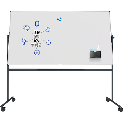 Weißes, rollbares Whiteboard mit Skizzen und dem Wort INNOVATION.