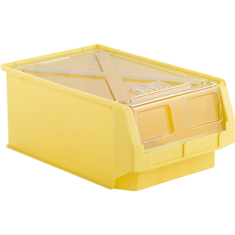 Gelbe Aufbewahrungsbox mit transparentem Deckel, der zum Teil offen ist. Die Box hat eine rechteckige Form und ist leicht schräg gestellt.