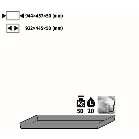 Gray rectangular plastic tub, below are symbols with dimensions, weight and volume information.