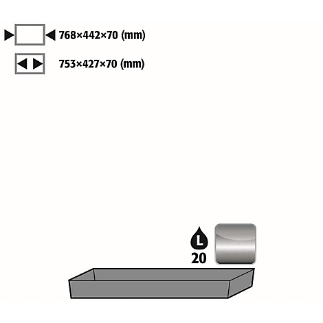 Grey rectangular tray with inscriptions. Text with dimensions above. Next to it, a drop symbol with the number 20.