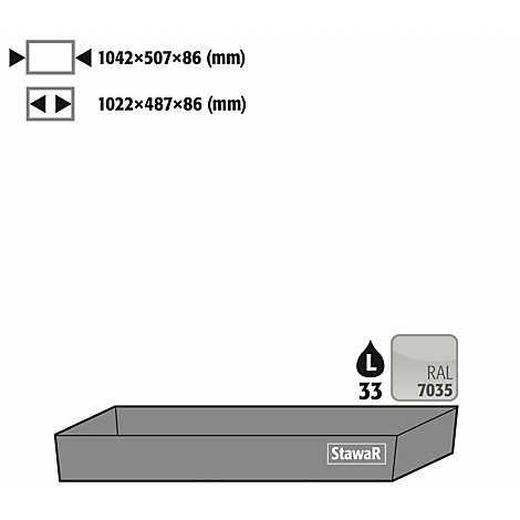 Grey, rectangular tub. Size specifications and color code RAL 7035 at the top.