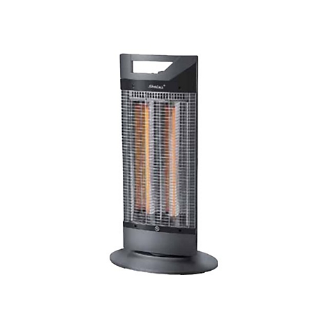 Elektrischer Heizstrahler mit grauer Basis, schwarzem Gehäuse und zwei glühenden Heizelementen hinter einem Gitter.