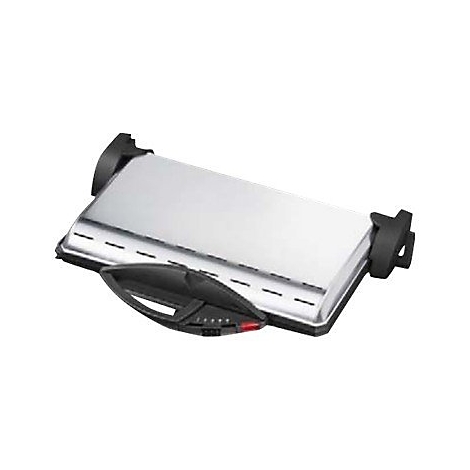 Geschlossener Kontaktgrill mit silbernem Deckel und schwarzem Griff vor weißem Hintergrund.