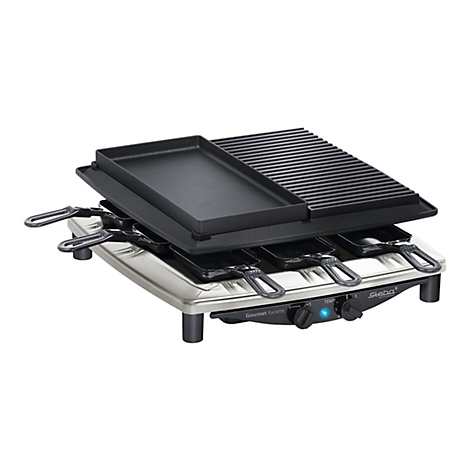 Steba Raclette-Grill mit Edelstahlgehäuse, Wendeplatte und vier Pfännchen auf weißem Hintergrund.