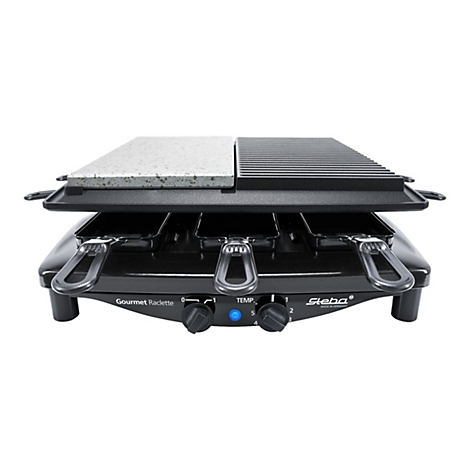 Schwarzer Steba Gourmet-Raclette-Grill mit Stein- und Grillplatte sowie drei Pfännchen vor weißem Hintergrund.