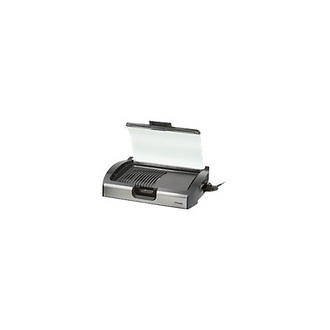 Ein schwarzer Tischgrill mit halb gerippter, halb glatter Grillplatte und hochgeklapptem Glasdeckel.